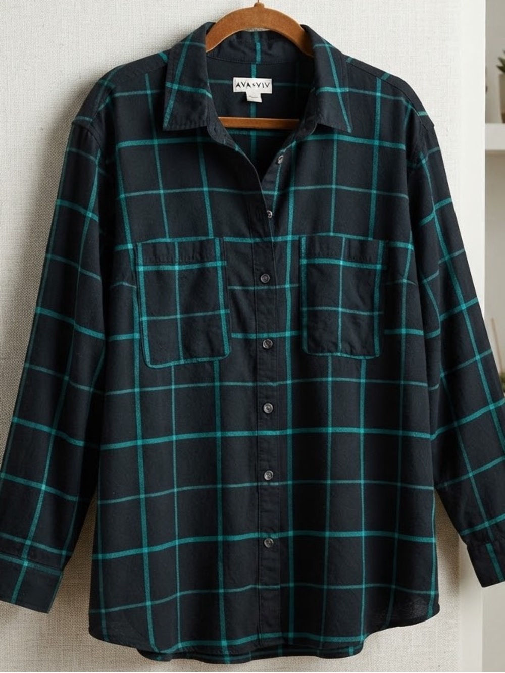 Ava & Viv Black Plaid shirt with Teal Windowpane. Plus Size Fall Fashion